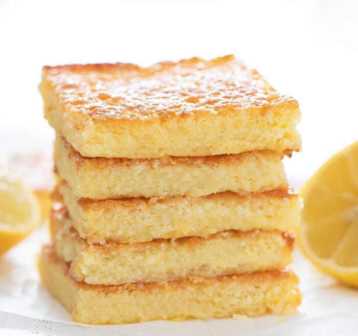 a stack of 5 lemon brownies.