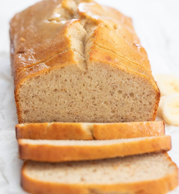 close-up shot of a sliced loaf of bread.