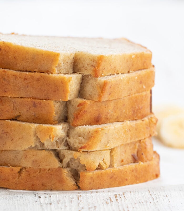 slices of banana bread stacked up.