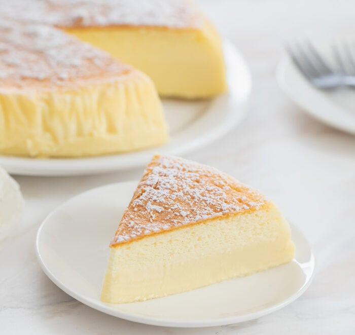 a slice of cheesecake on a plate.