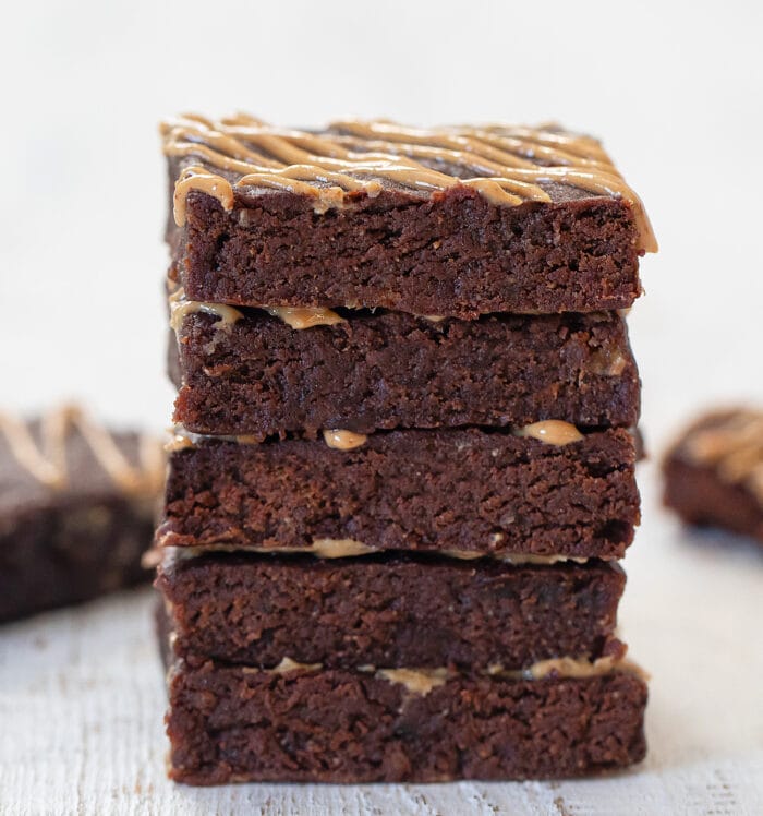 a stack of five peanut butter brownies.
