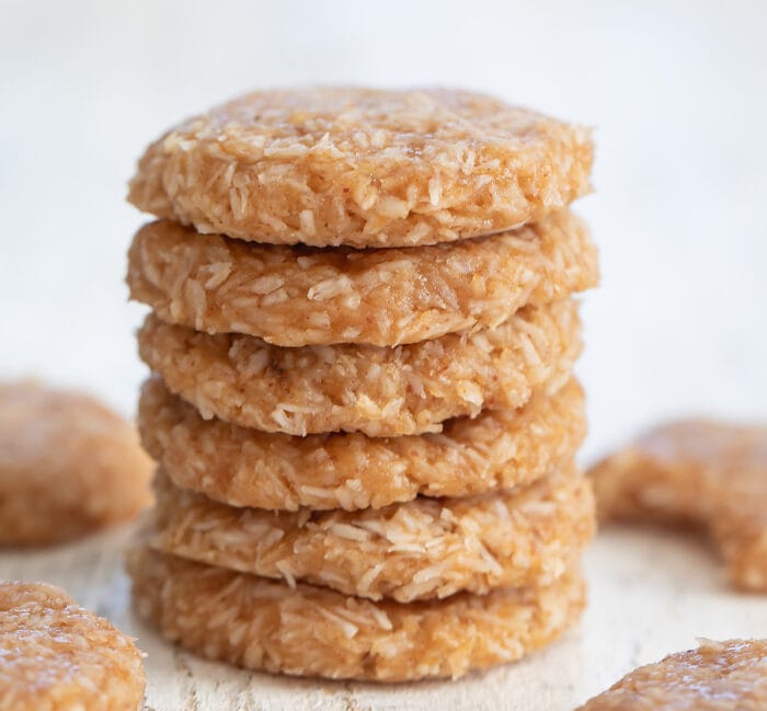 a stack of no bake coconut cookies.