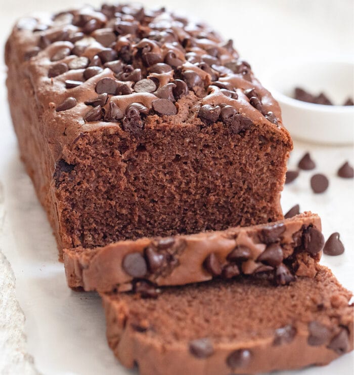 a sliced loaf of chocolate bread.