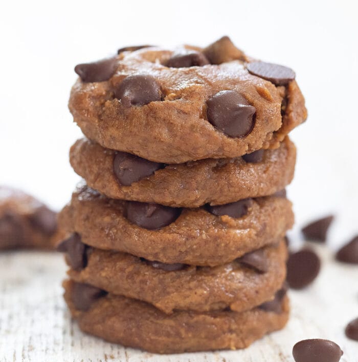 a stack of no bake chocolate chip cookies.