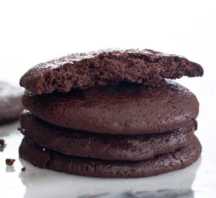 chocolate cookies in a stack.