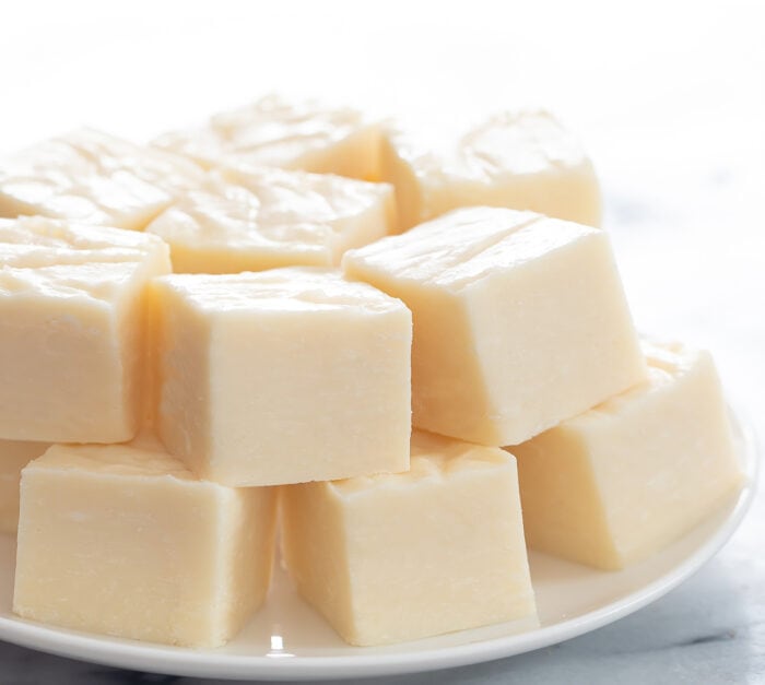 a plate of white chocolate fudge pieces.