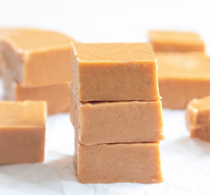 three pieces of fudge stacked.