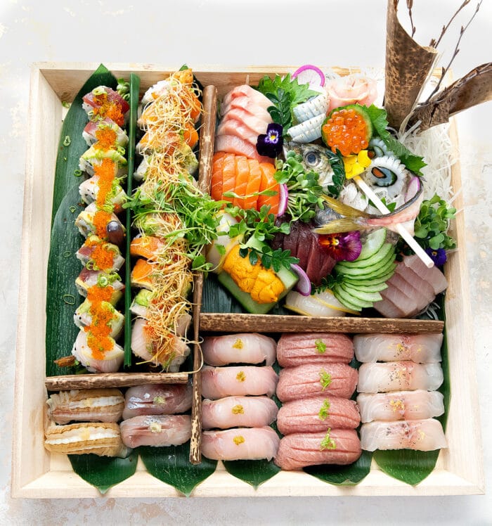 a box of sushi.