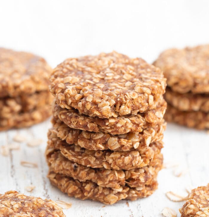 a stack of six no bake oatmeal cookies.