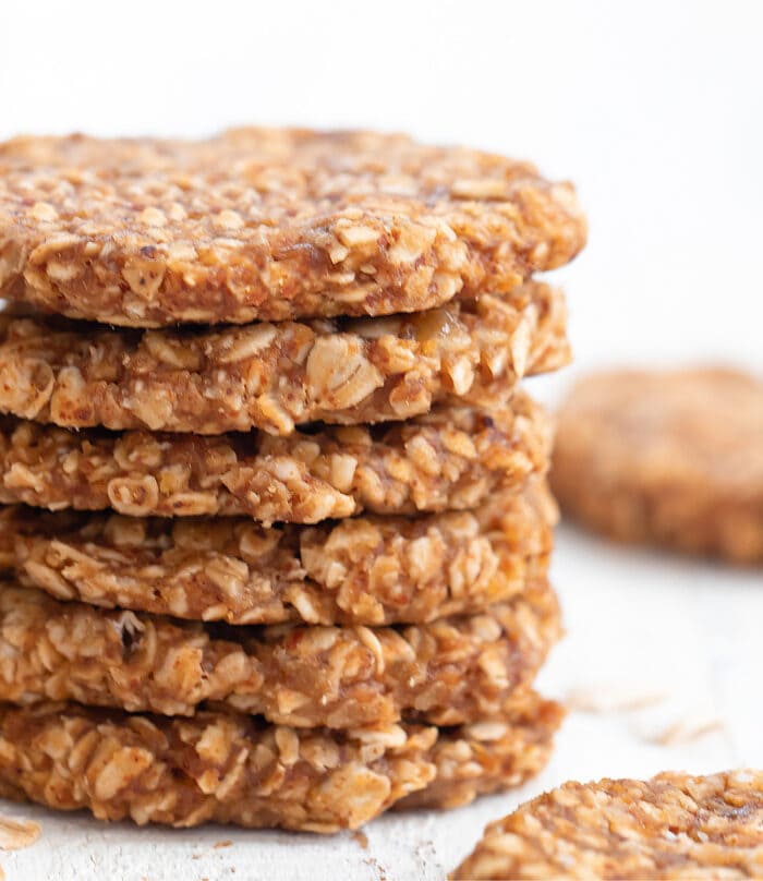 no bake oatmeal cookies stacked up.