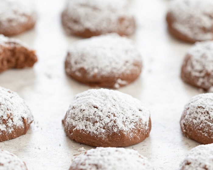 chocolate peanut butter meltaway cookies dusted with powdered sugar.