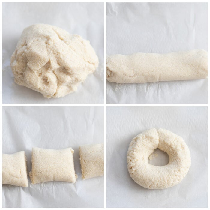 collate photo showing how to form the dough into bagel shapes.
