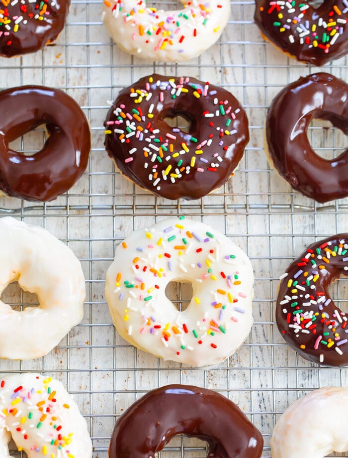 glazed donuts lined up.