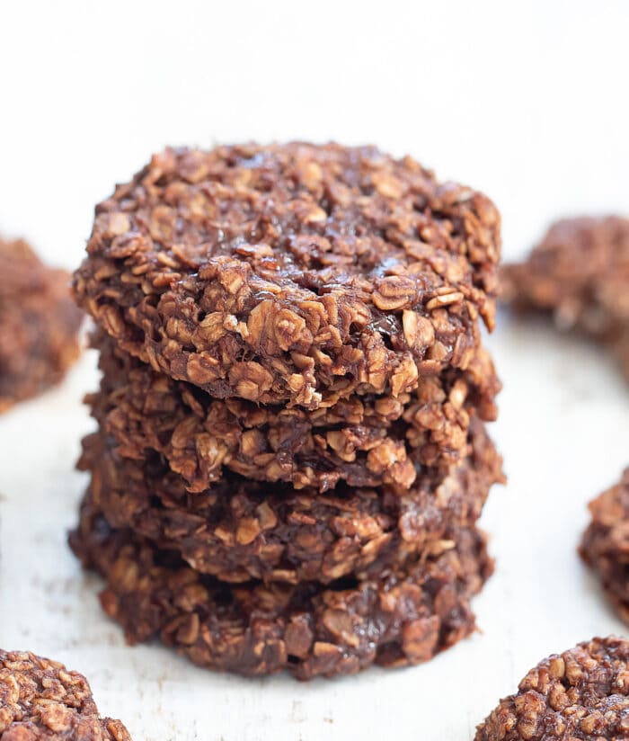 a stack of four chocolate oatmeal cookies.