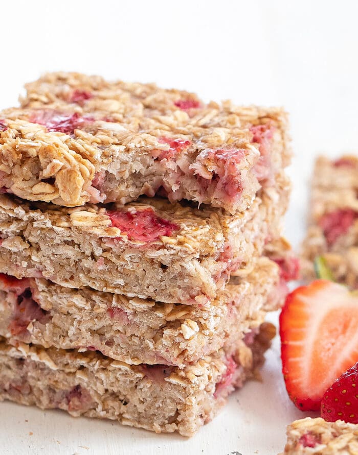 strawberry oatmeal bars in a stack.