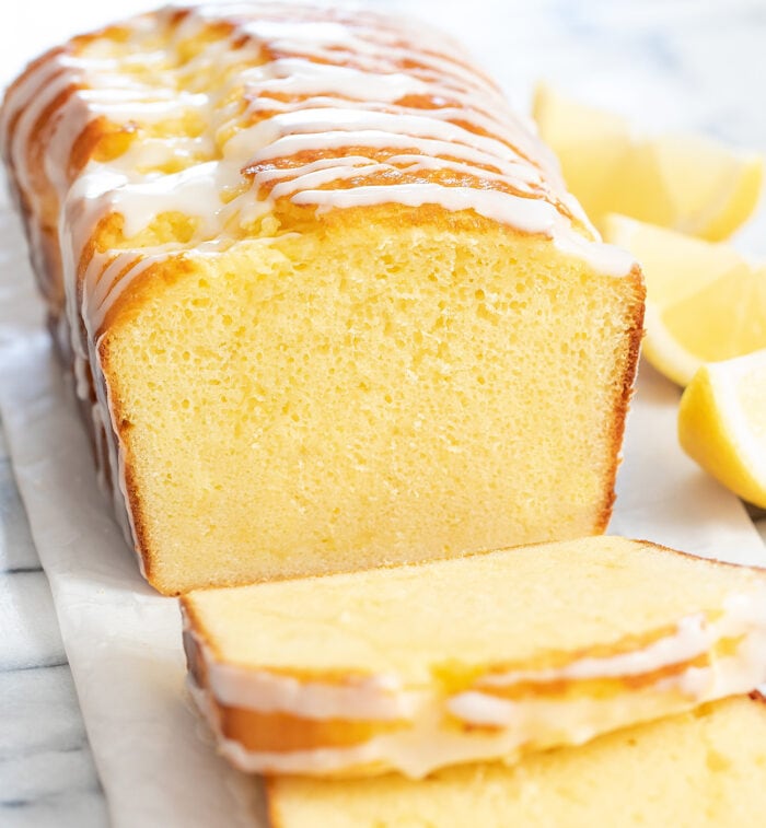 a pound cake with slices cut off.