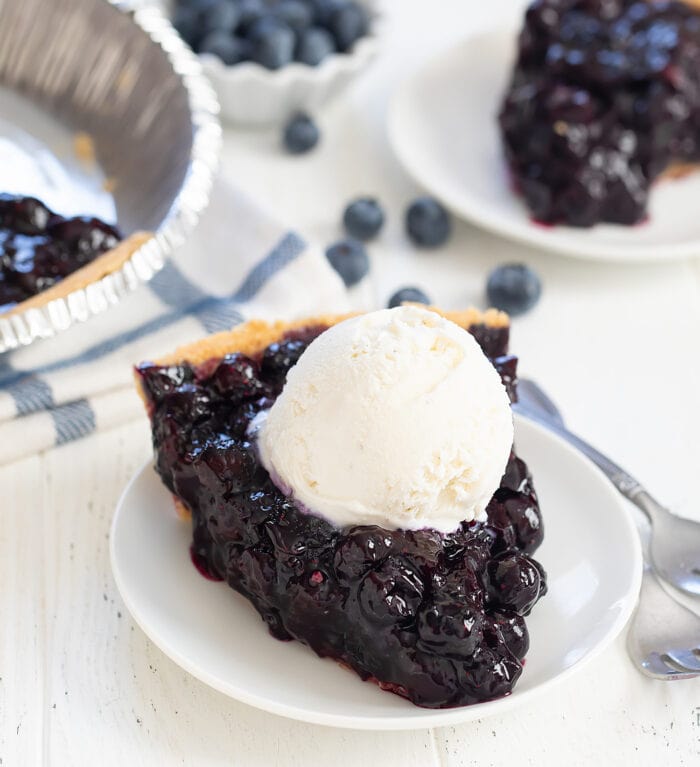 a slice of blueberry pie topped with ice cream.