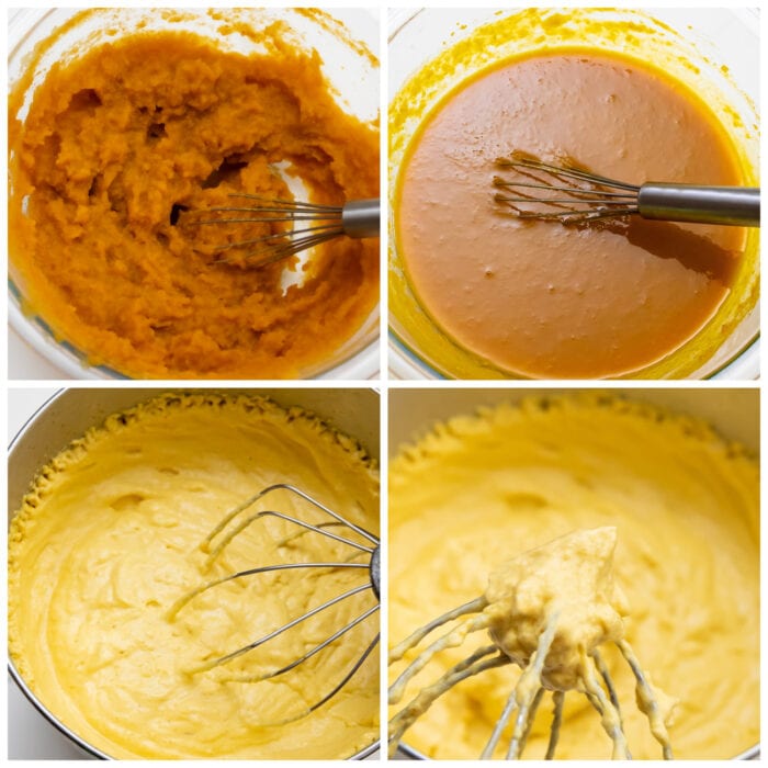 four photos showing how to make the pumpkin mixture.