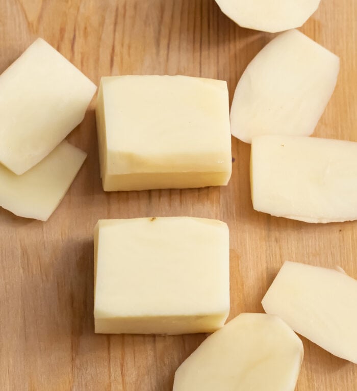 potatoes cut into squares.