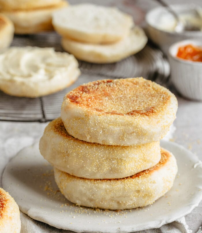 a stack of three English muffins.