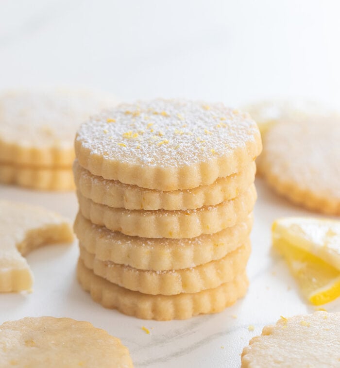 a stack of lemon shortbread cookies.