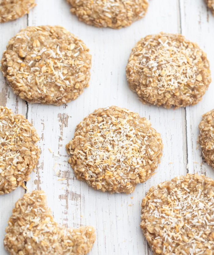 coconut oatmeal cookies lined up.