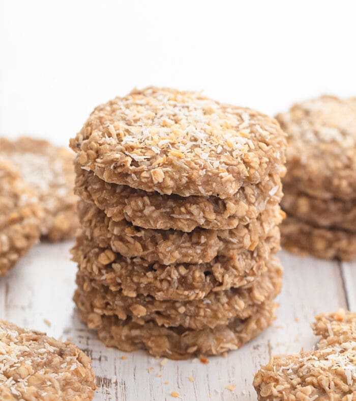 a stack of six coconut oatmeal cookies.