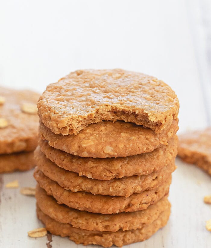a stack of peanut butter oatmeal cookies.