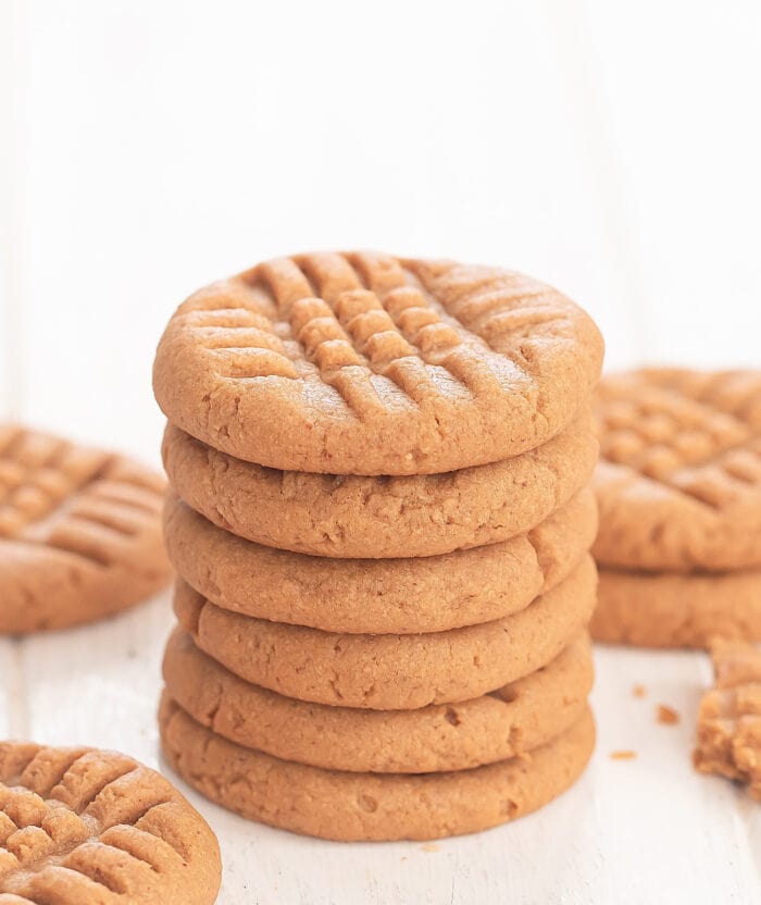 a stack of six peanut butter cookies.