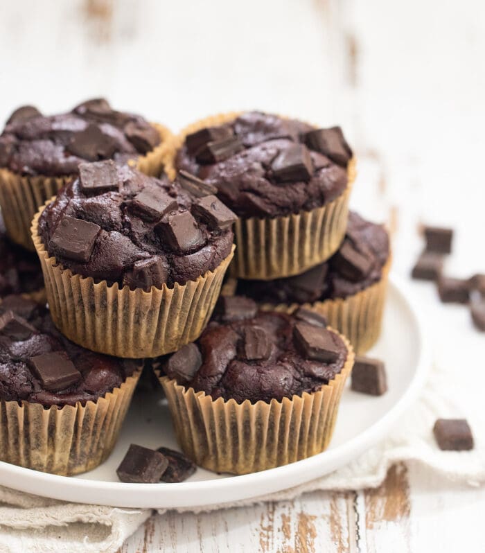 a plate of chocolate muffins.