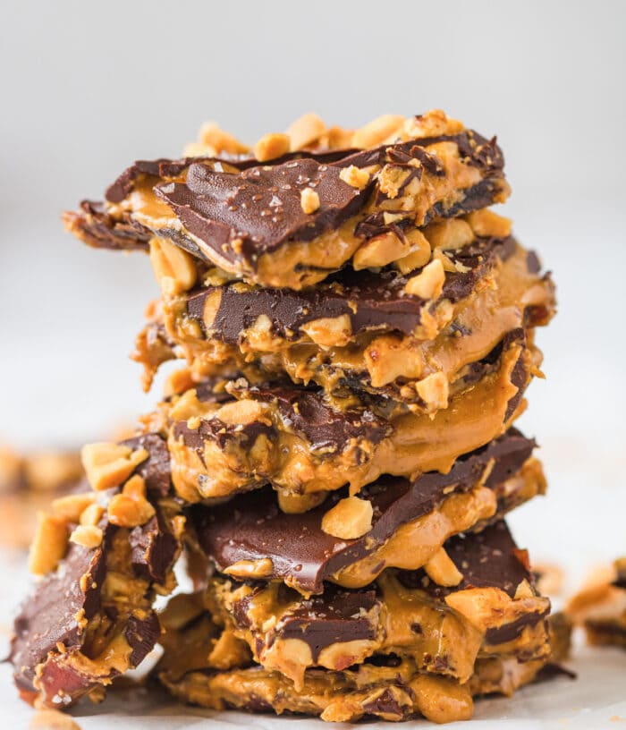 a stack of pieces of snickers bark.