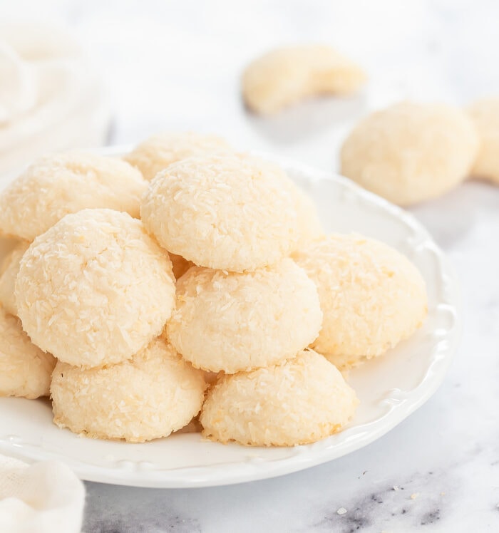 a plate of coconut cookies.