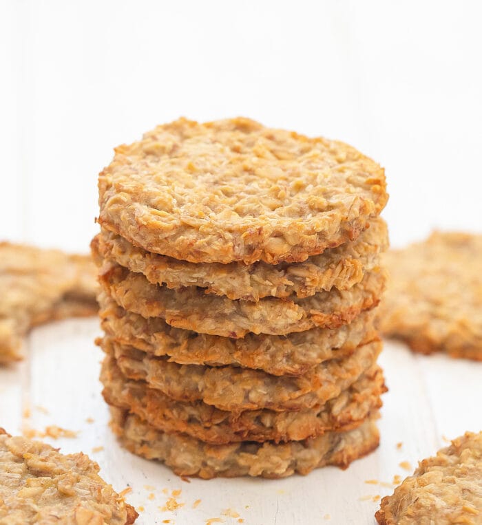a stack of seven coconut cookies.