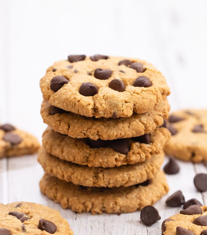 a stack of five oatmeal chocolate chip cookies.