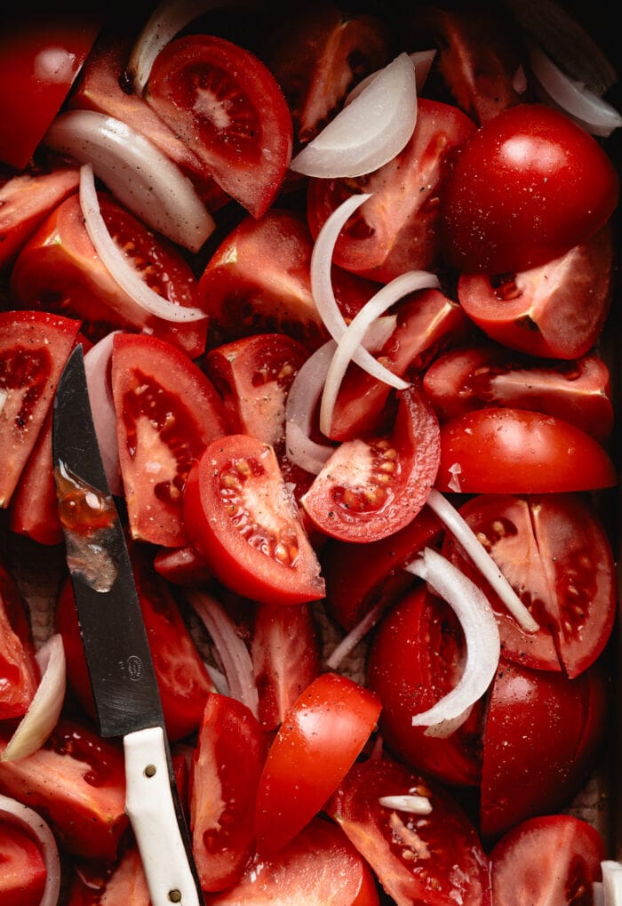 tomato wedges and sliced onions.