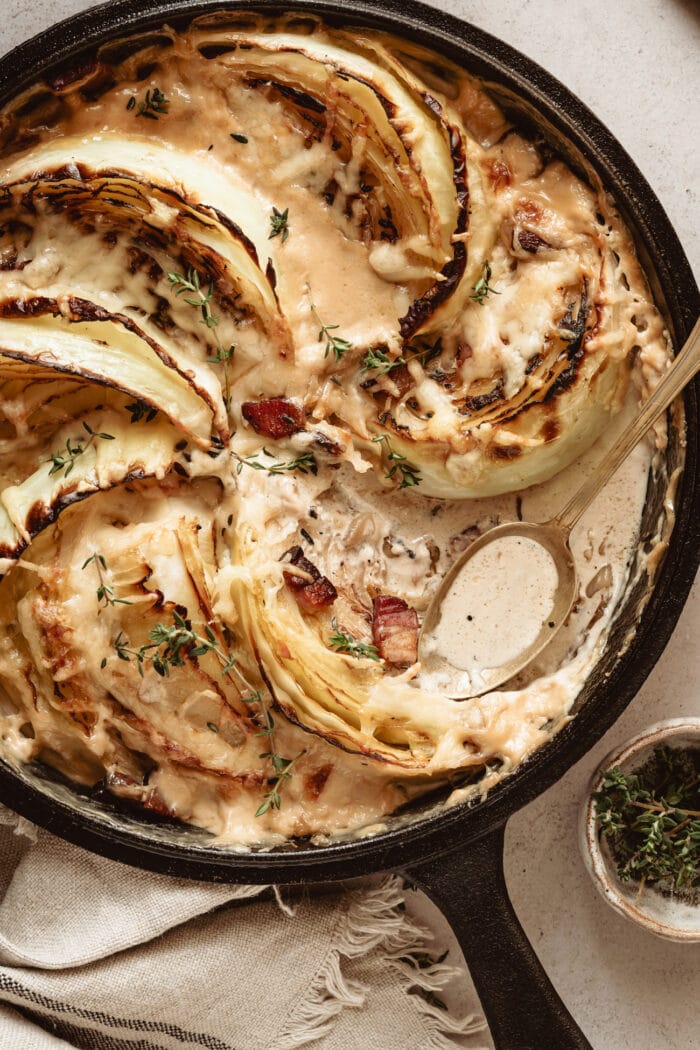 cabbage gratin in a cast iron skillet.