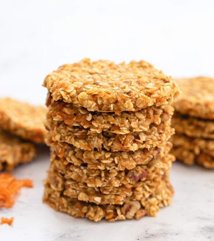 a stack of seven carrot cookies.