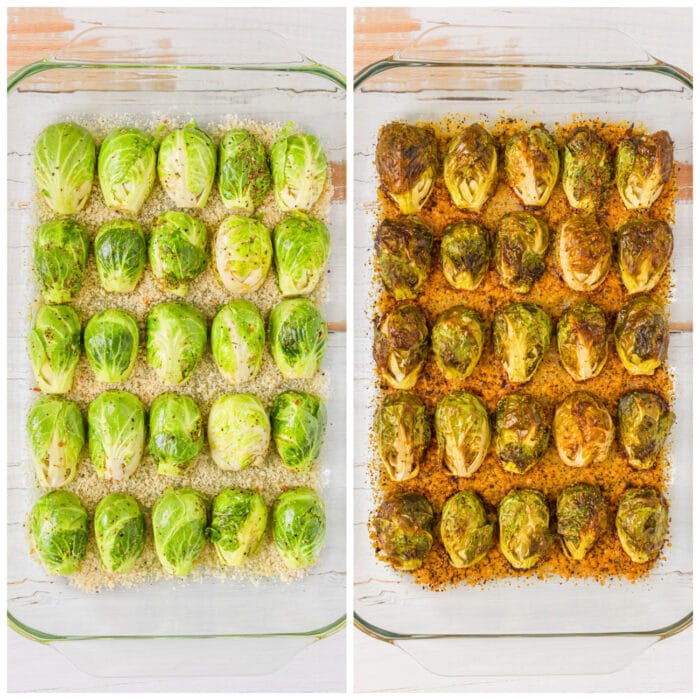 the brussels sprouts in a baking dish with Parmesan and in a baking dish after they're baked.