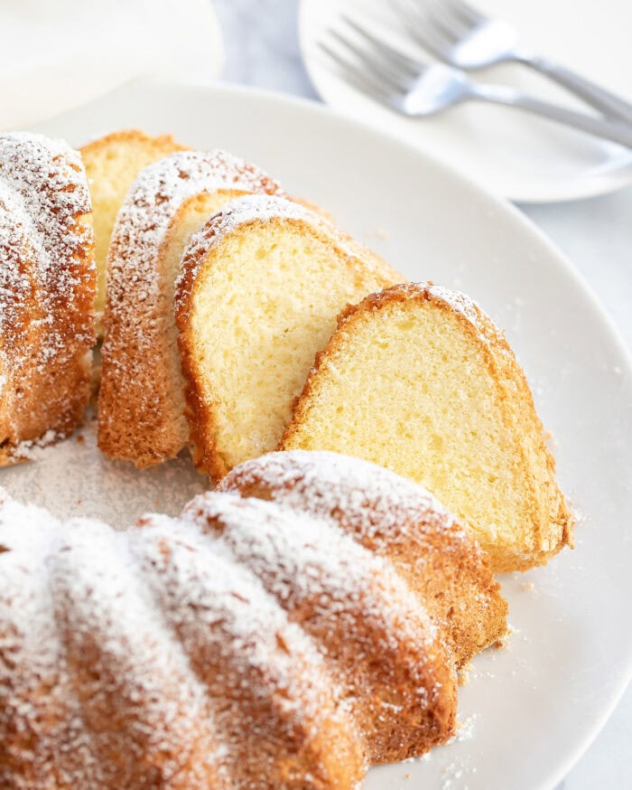 Slices of Bundt cake topped with powdered sugar