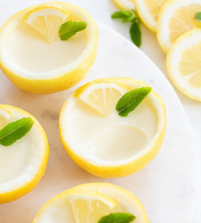 Close up of thickened cream inside a lemon shell