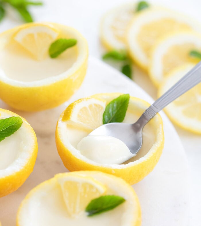 Spoonful of filling in a lemon posset