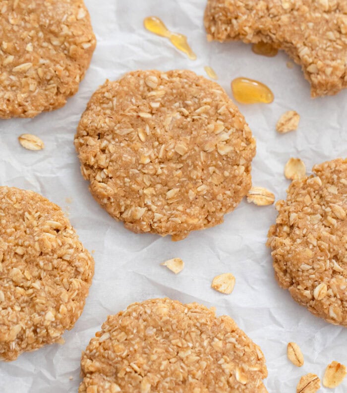 Flat lay of honey oatmeal cookies