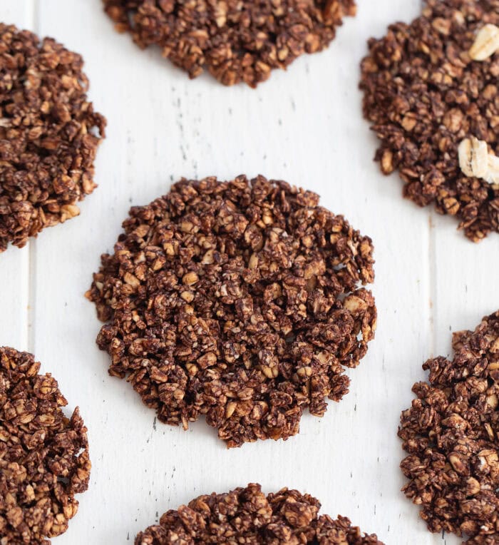 Flat lay of crispy chocolate oatmeal cookies