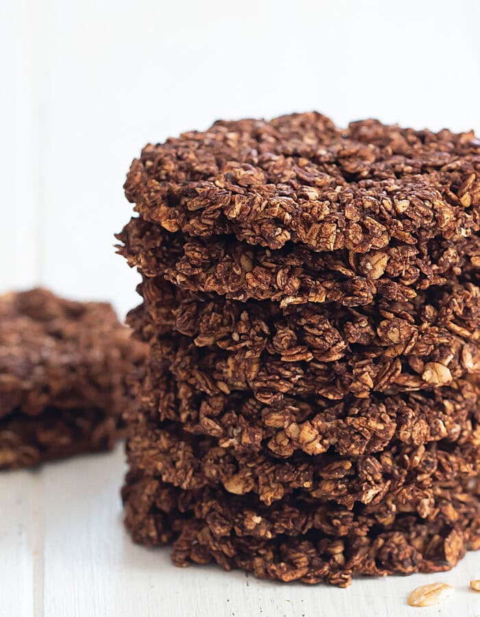 Close up of a stack of chocolate oatmeal cookies