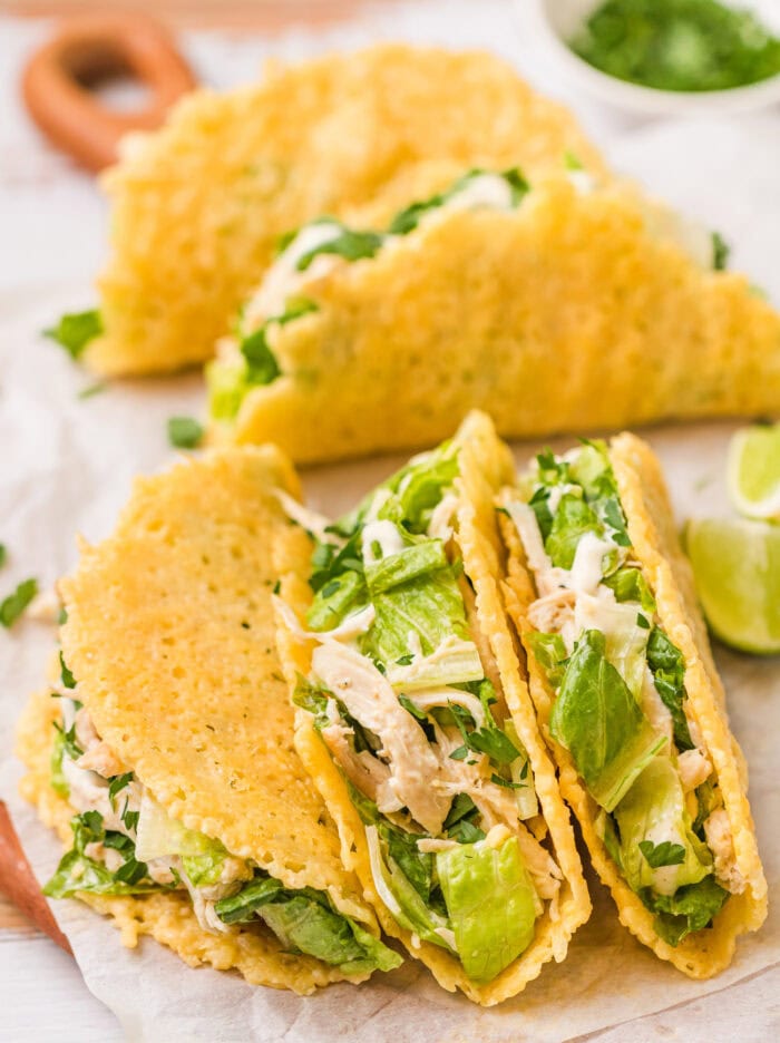 Close up of chicken Caesar salad tacos