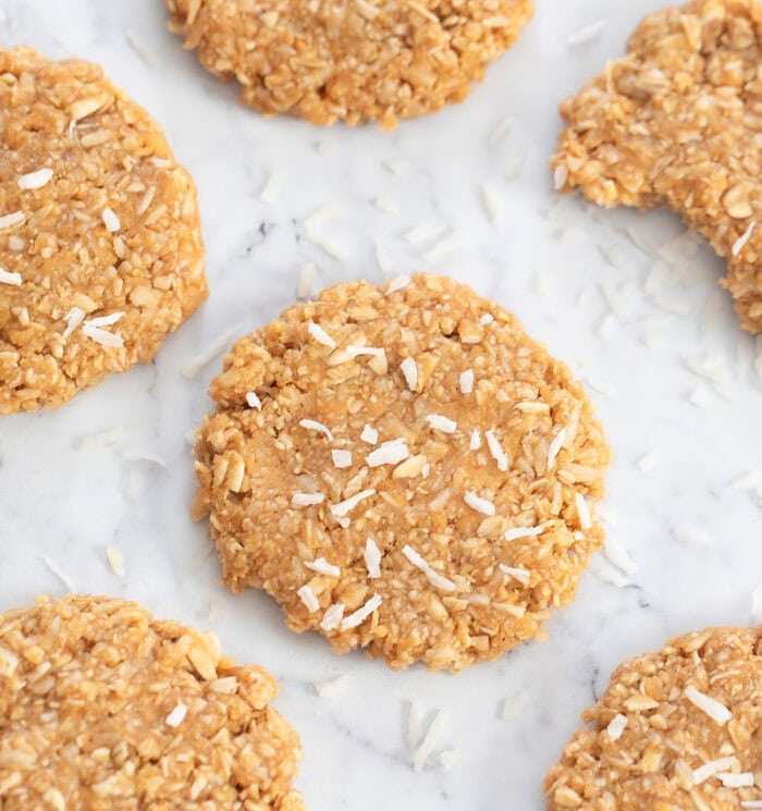 A close up of a coconut oatmeal cookie