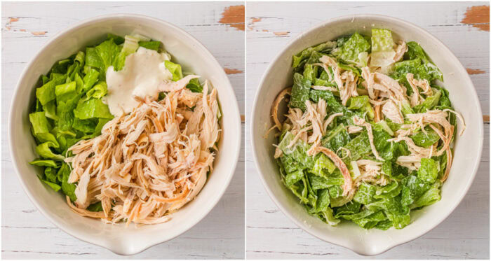 Shredded chicken, romaine lettuce and dressing in a large bowl