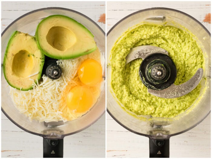 Avocados, eggs and cheese in a food processor