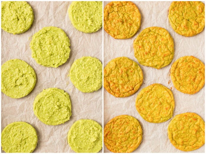 Avocado mixture spread onto a baking sheet in 3 1/2 inch rounds