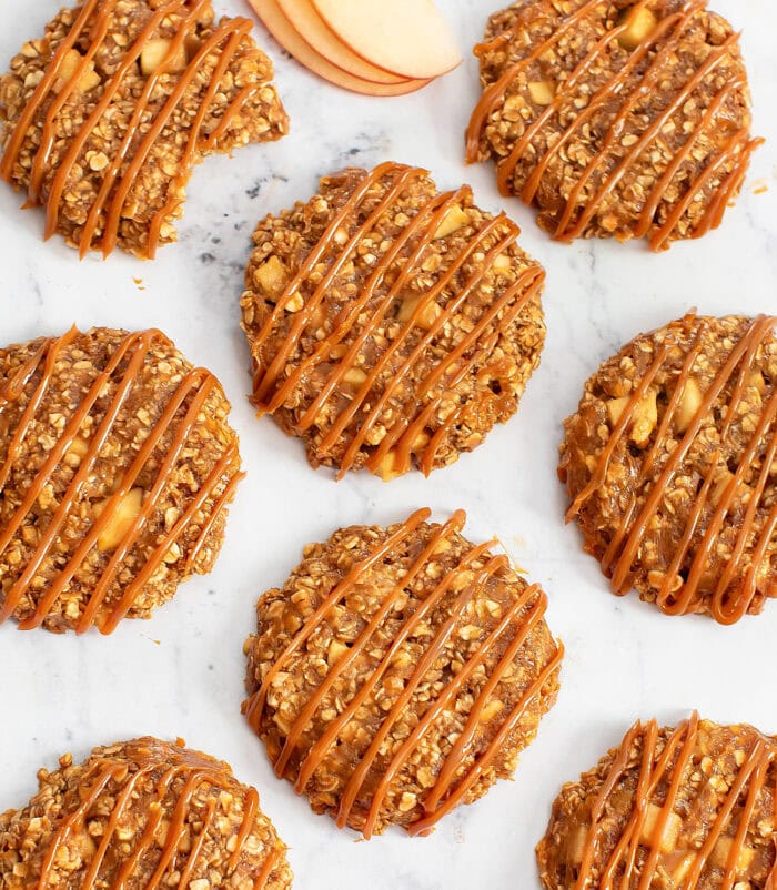 Apple pie oatmeal cookies with a caramel drizzle